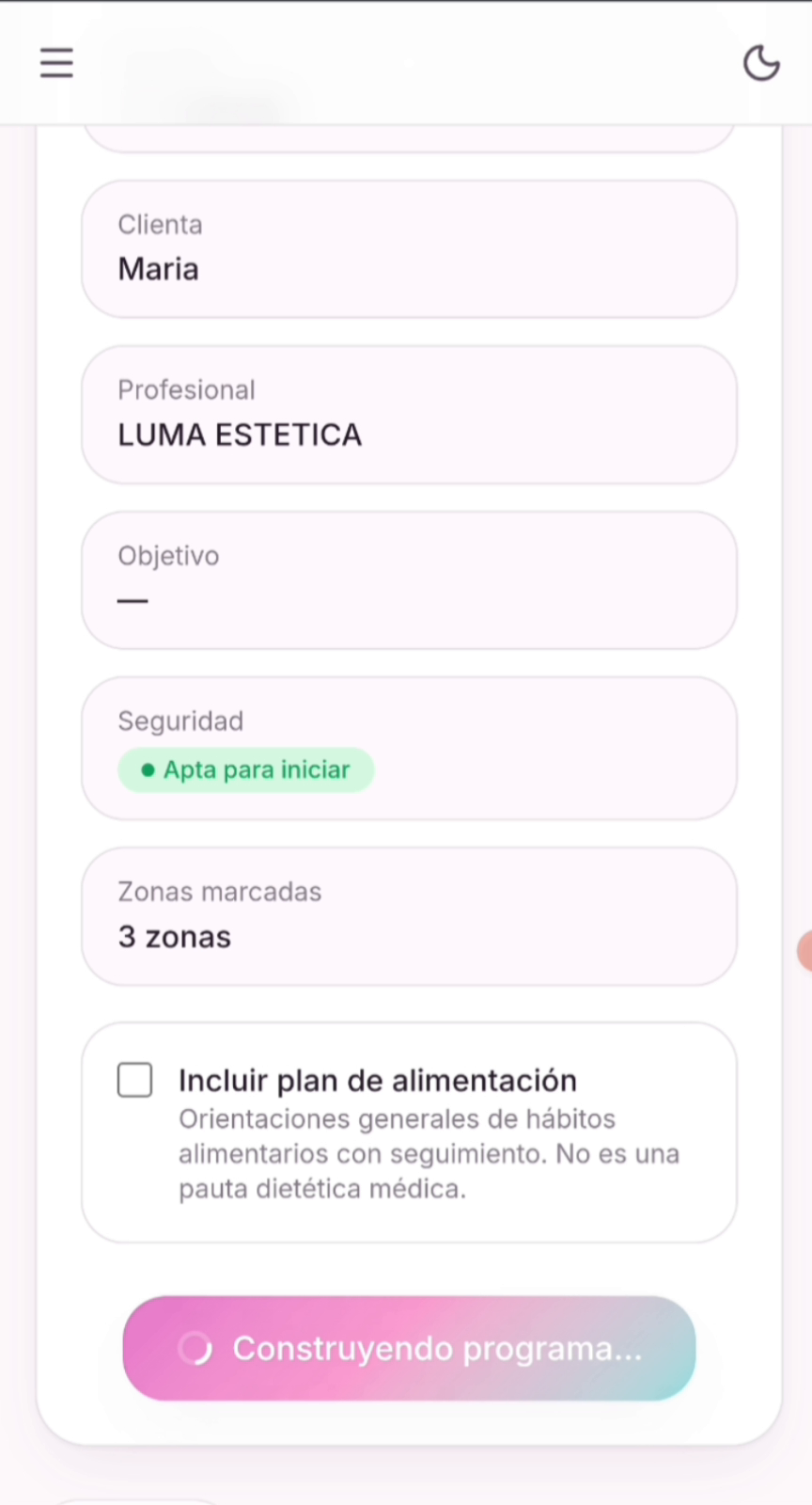Pantalla de interpretación y decisión del programa