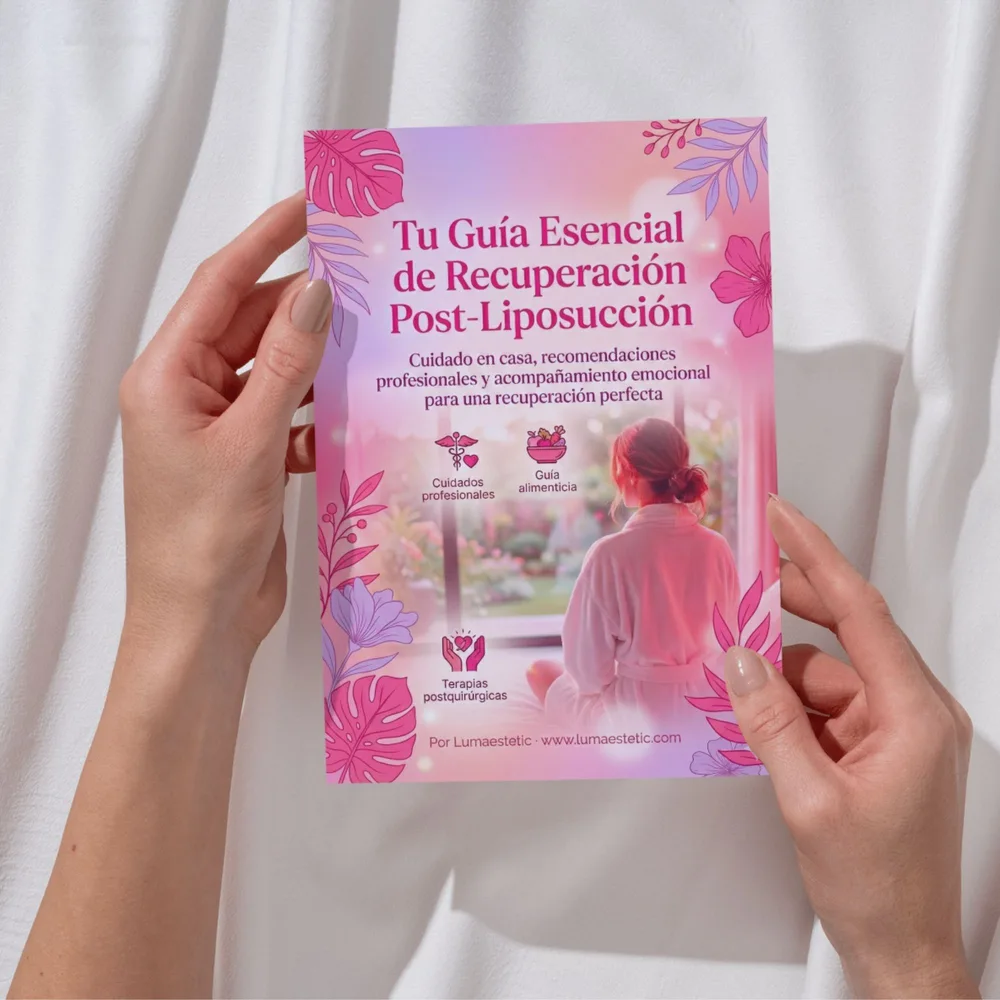 Mujer sosteniendo la guía de recuperación post-liposucción de Lumaestetic